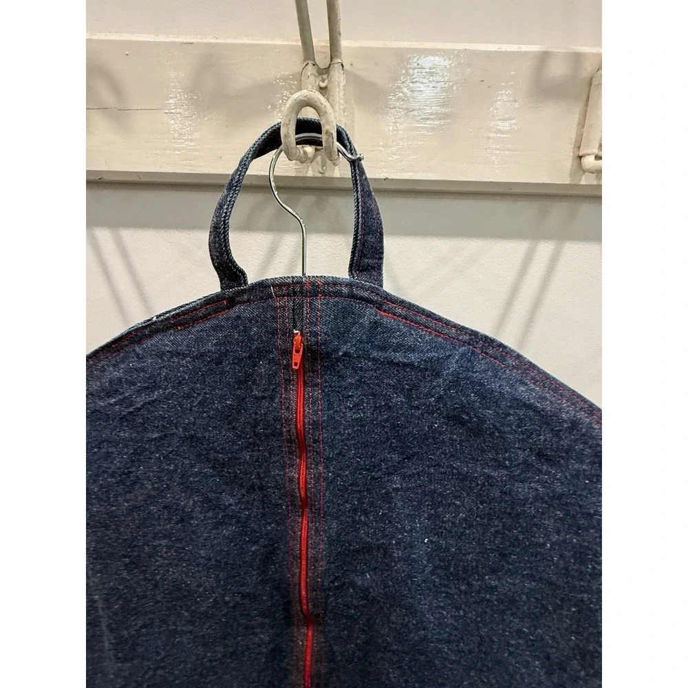 VTG 70s Denim Garment Bag Travel Suit Cover Red Zip Contrast Stitching 40x20